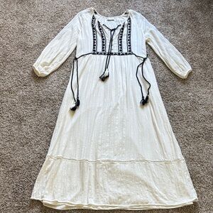 Embroidered Ivory Boho Maxi Dress with Black Tassle Cotton Size L